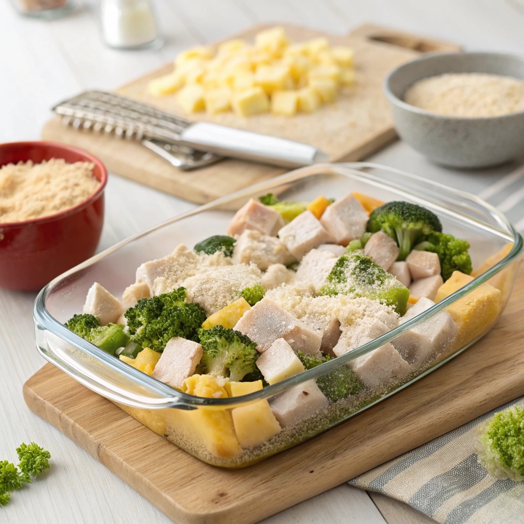 Chicken Broccoli Potato Casserole: A Hearty Favorite for Any Night 7 Chicken broccoli potato casserole being assembled