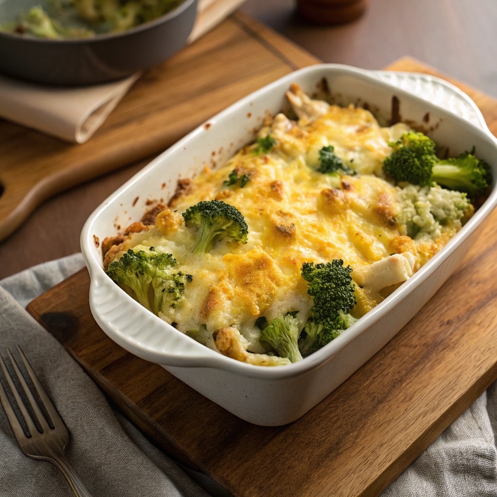 Baked chicken broccoli potato casserole in white dish
