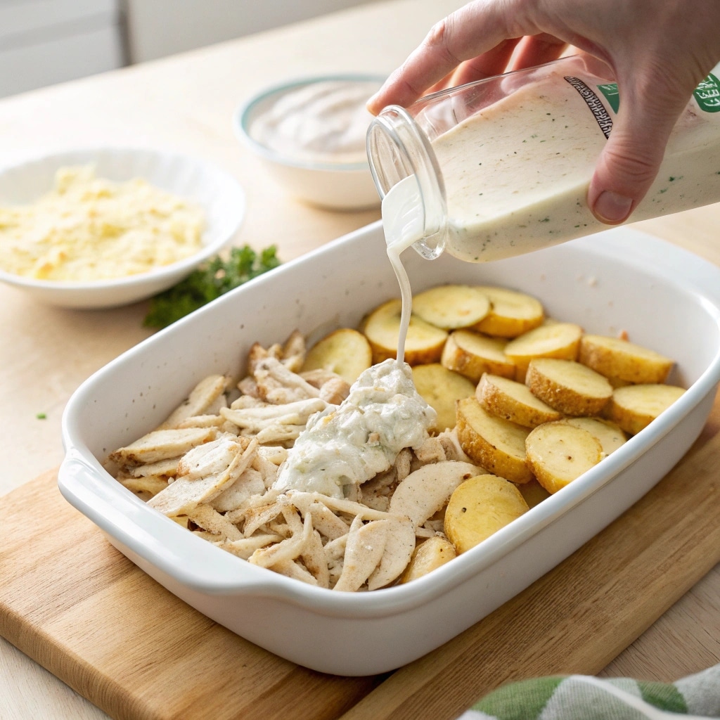 Potato Chicken Ranch Casserole: Easy, Creamy, and Perfect for Any Night 7 assembling potato chicken ranch casserole in dish