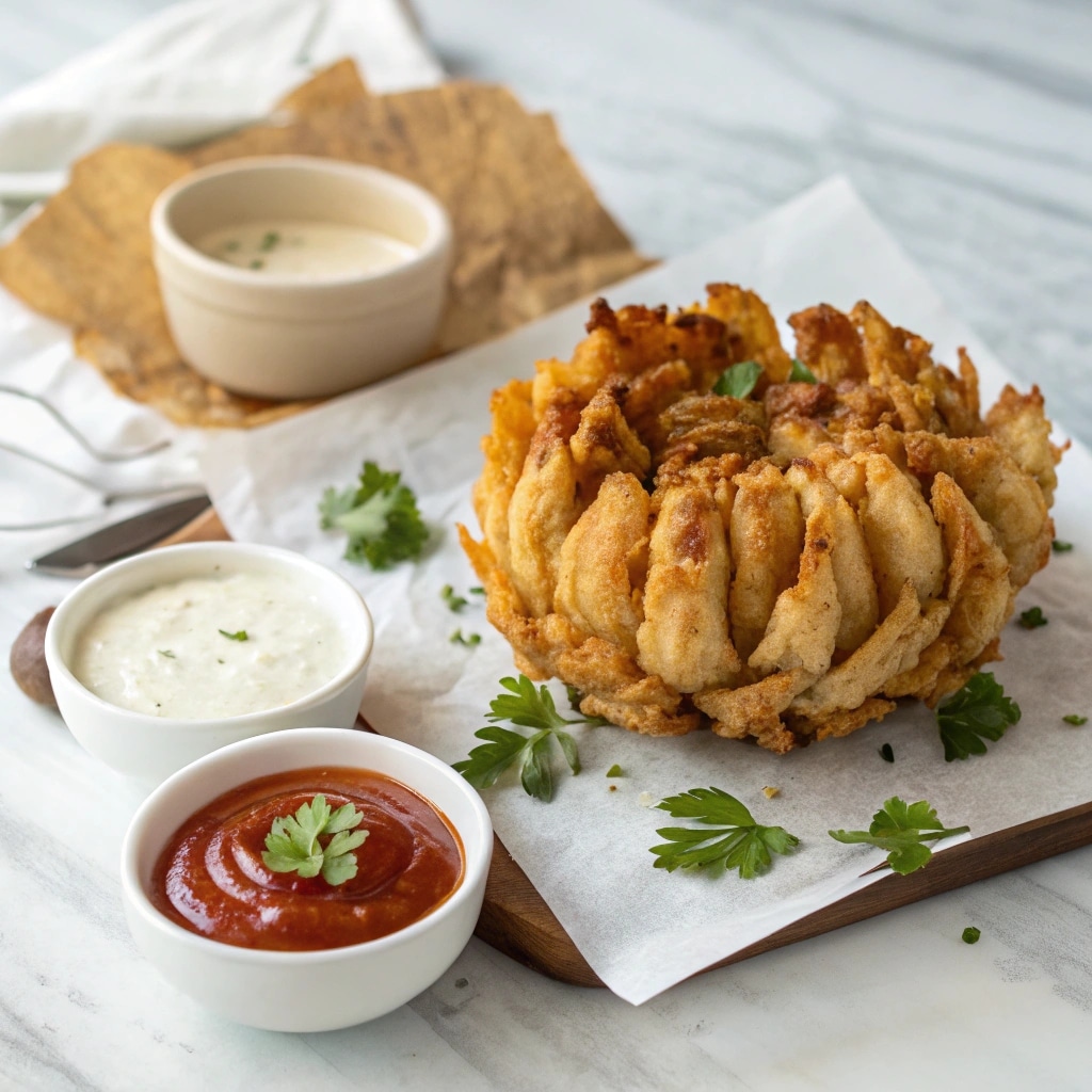 Air Fryer Onion Blossom Recipe That’s Crispy, Easy, and Totally Addictive 8 Served air fryer onion blossom with dipping sauces