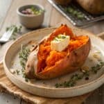 Baked Sweet Potato in Air Fryer: Crispy Skin, Fluffy Inside, Fast Results 5 Baked sweet potato in air fryer on ceramic plate