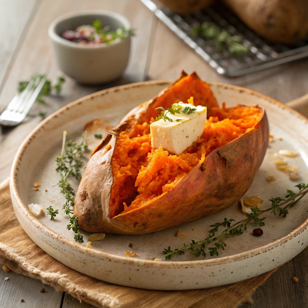 Baked sweet potato in air fryer on ceramic plate