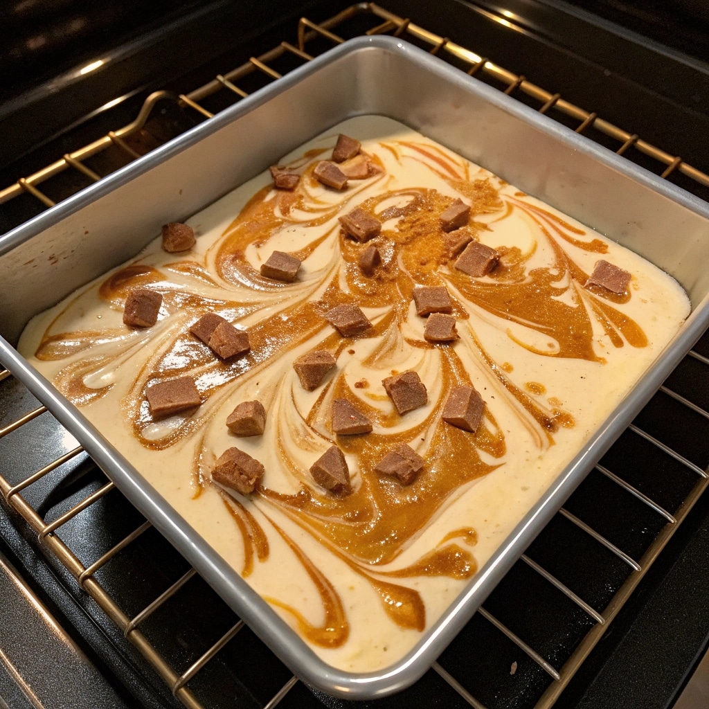 Butterfinger Caramel Cheesecake Bars That Melt in Your Mouth (Easy Recipe Inside!) 7 Butterfinger caramel cheesecake bars in baking pan with caramel swirl