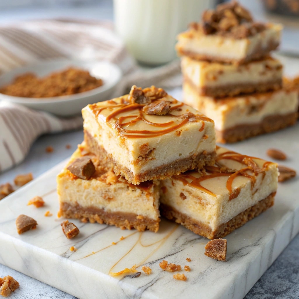 Butterfinger Caramel Cheesecake Bars stacked with caramel drizzle
