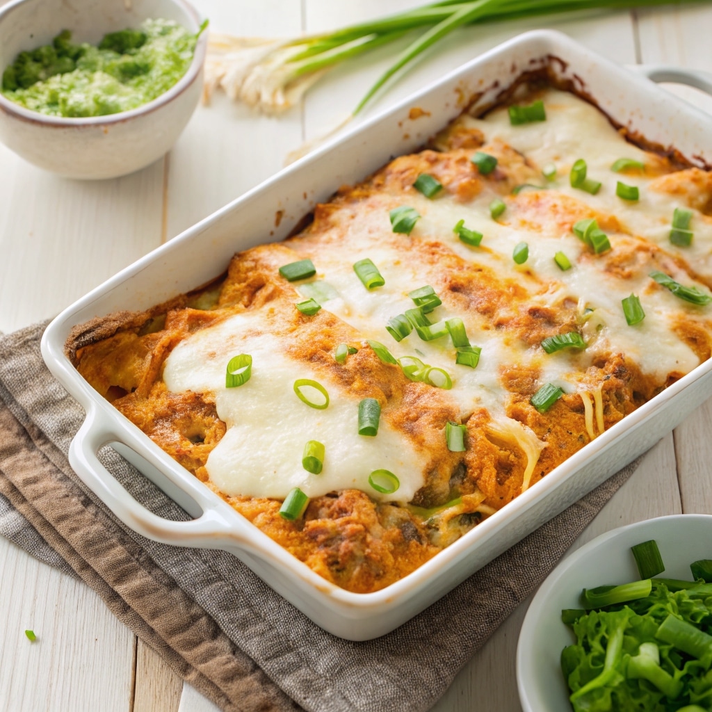 chicken enchilada casserole with white sauce in dish