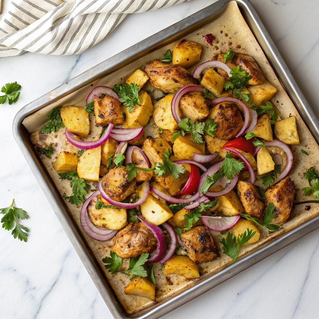 Chicken shawarma sheet-pan dinner fresh from oven