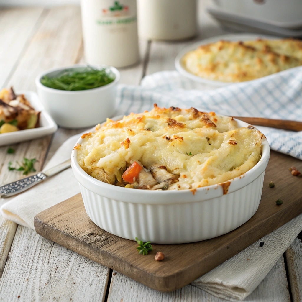 Chicken Shepherds Pie: Easy, Creamy, and Delicious 8 Chicken shepherds pie in a rustic kitchen setting