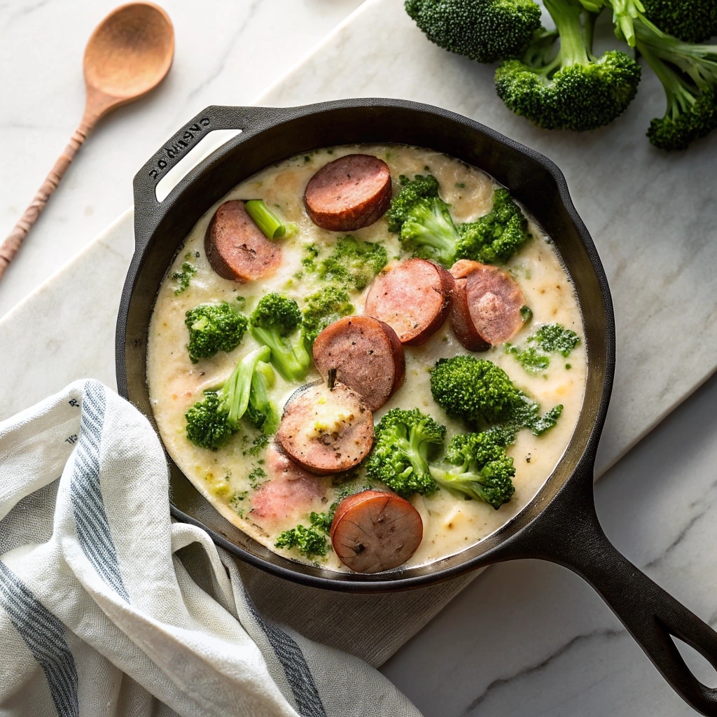 Creamy kielbasa broccoli skillet in a rustic cast-iron pan
