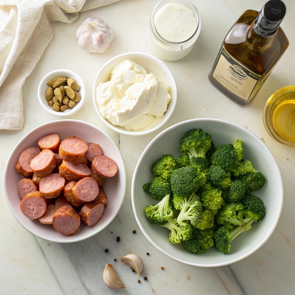 Creamy Kielbasa Broccoli Skillet – 1 Irresistible One-Pan Dinner You'll Make Again 6 Ingredients for creamy kielbasa broccoli skillet laid out
