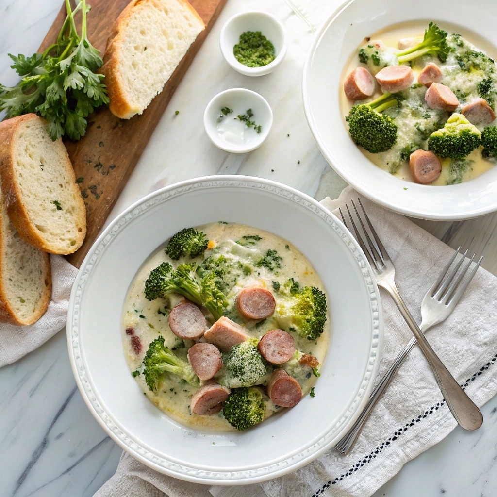 Creamy Kielbasa Broccoli Skillet – 1 Irresistible One-Pan Dinner You'll Make Again 8 Served creamy kielbasa broccoli skillet on plates