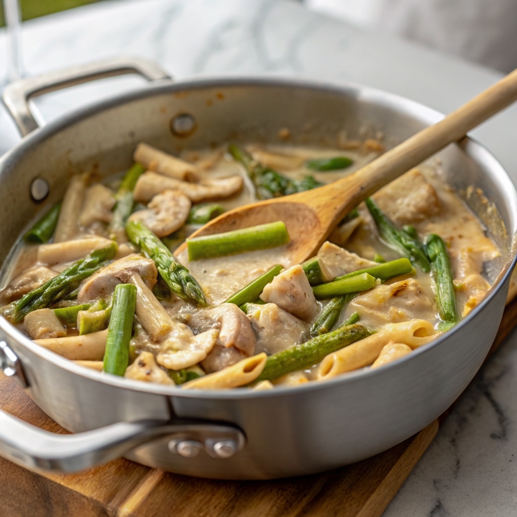 Creamy Mushroom and Asparagus Chicken Penne – Easy, Creamy Dinner You’ll Crave 7 Creamy mushroom and asparagus chicken penne cooking in a skillet with bubbling sauce