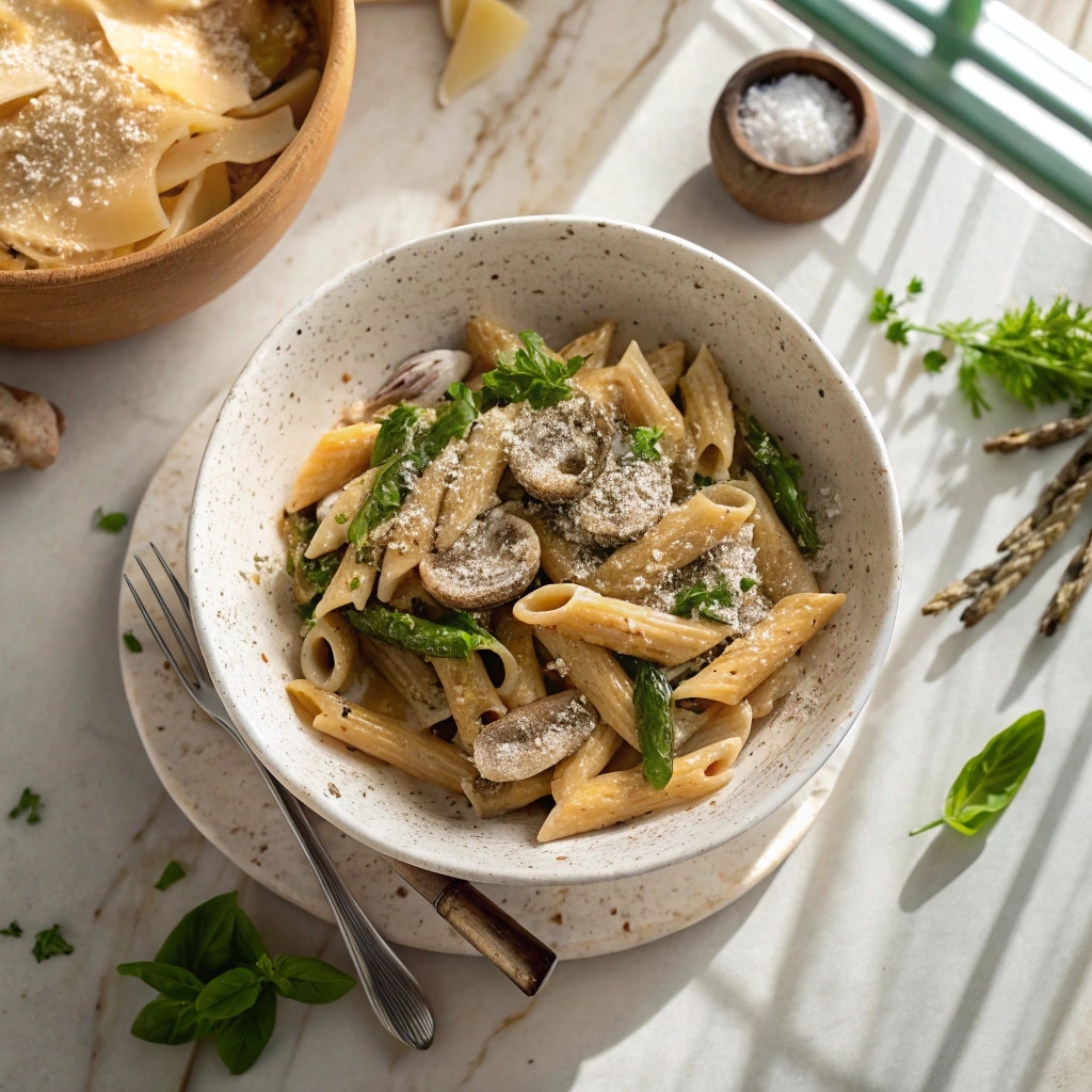 Creamy mushroom and asparagus chicken penne served in a rustic bowl with Parmesan