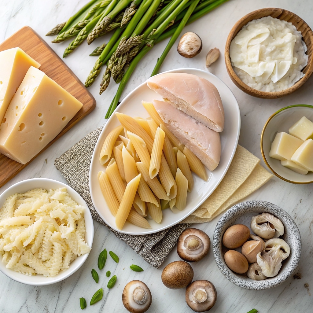 Creamy Mushroom and Asparagus Chicken Penne – Easy, Creamy Dinner You’ll Crave 6 Ingredients for creamy mushroom and asparagus chicken penne laid out flat