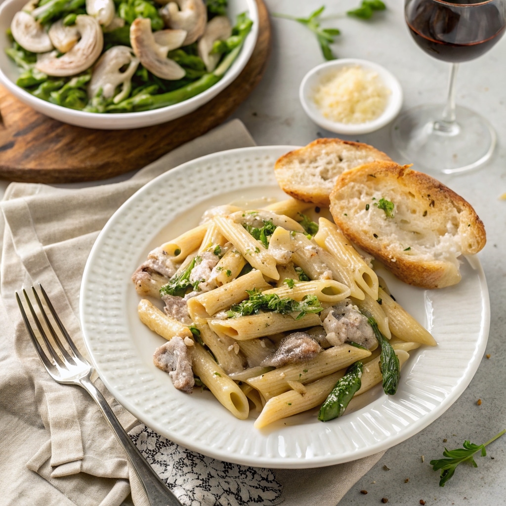 Creamy Mushroom and Asparagus Chicken Penne – Easy, Creamy Dinner You’ll Crave 8 Plated creamy mushroom and asparagus chicken penne with salad and bread
