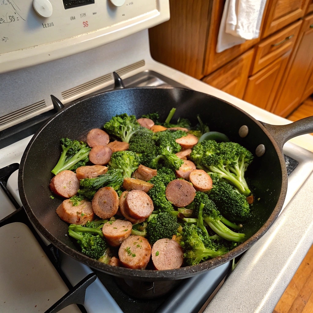 Creamy Kielbasa Broccoli Skillet – 1 Irresistible One-Pan Dinner You'll Make Again 7 Kielbasa and broccoli cooking in skillet before sauce