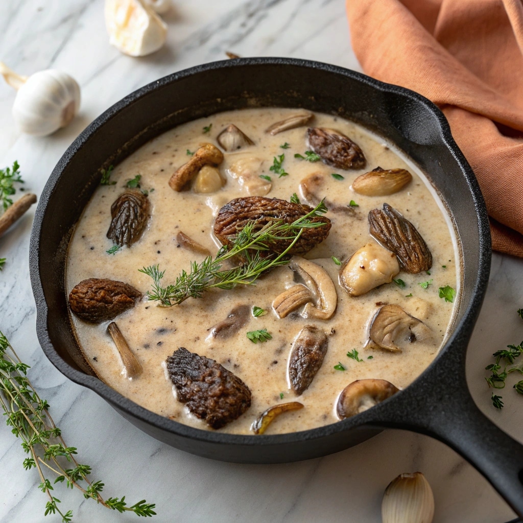 Morel Mushroom Recipes That Make Spring Taste Incredible 9 Morel mushroom cream sauce cooking in skillet
