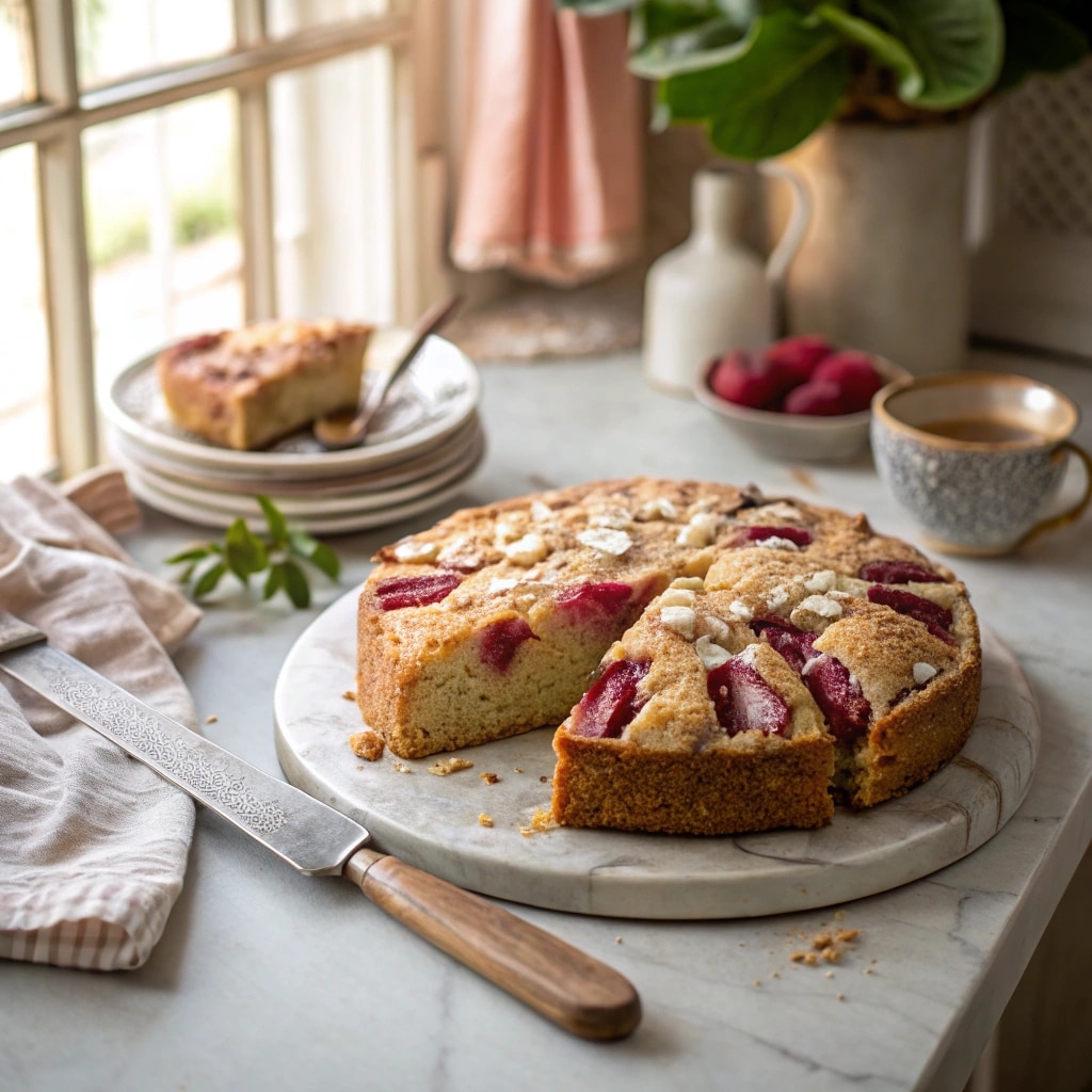 old-fashioned Norwegian rhubarb cake recipe fresh from oven