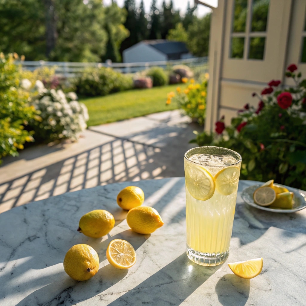glass of pickle lemonade on porch