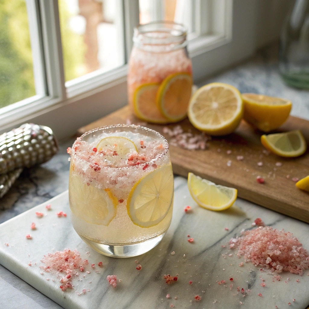 pink salt trick recipe detox drink on wooden counter