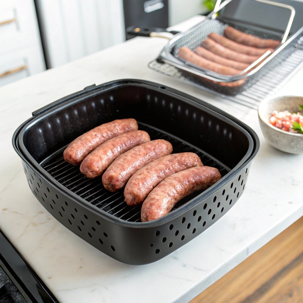 Italian Sausage in Air Fryer – Juicy, Crisp, and Ready in 15 Minutes 8 Place Italian sausage in air fryer basket
