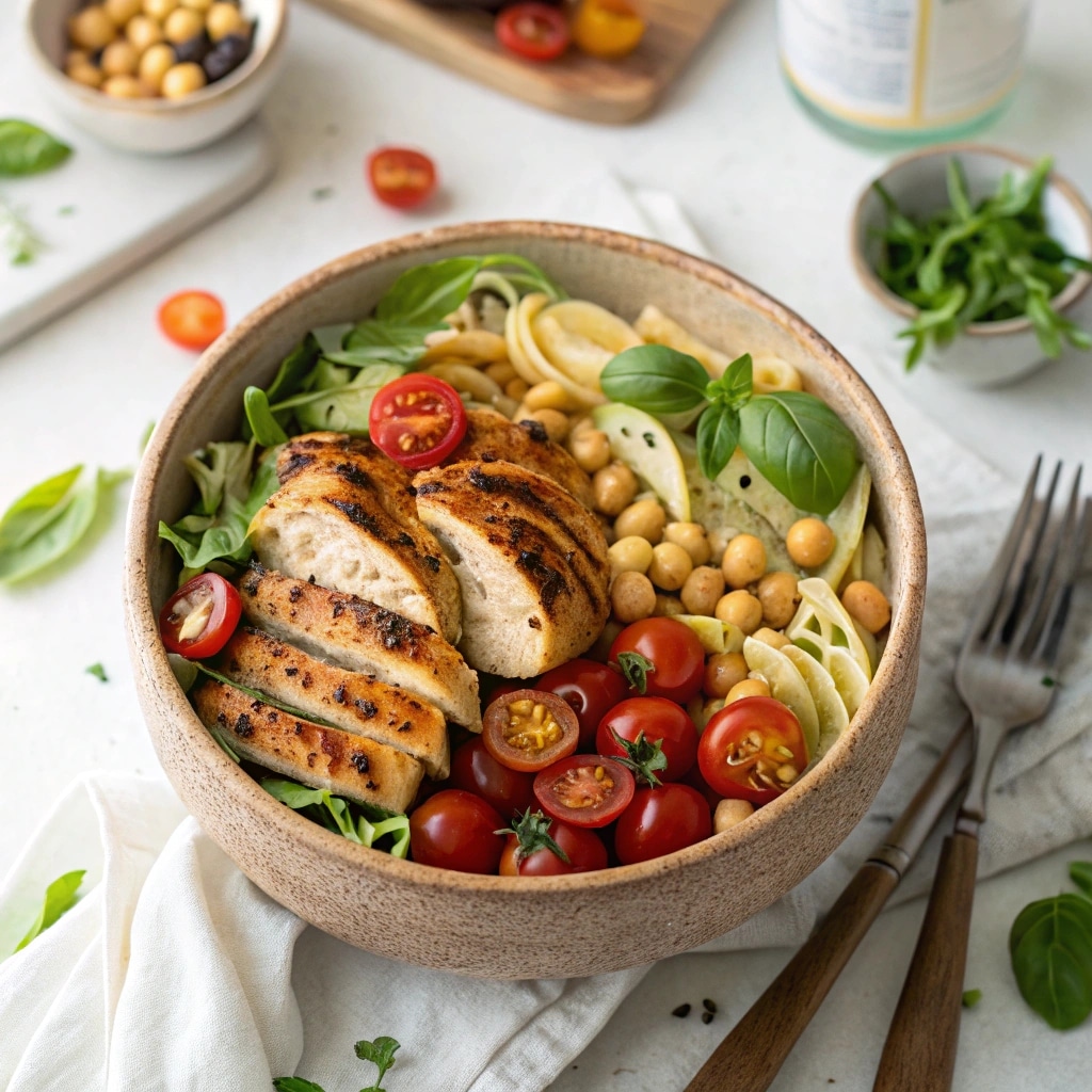 Protein pasta salad in rustic bowl with fresh ingredients