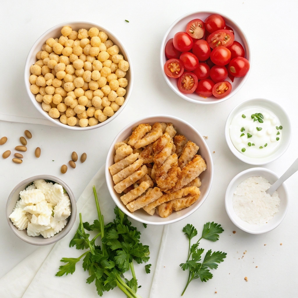 Protein Pasta Salad That’ll Keep You Full, Fueled & Craving More 6 Ingredients for protein pasta salad arranged on table