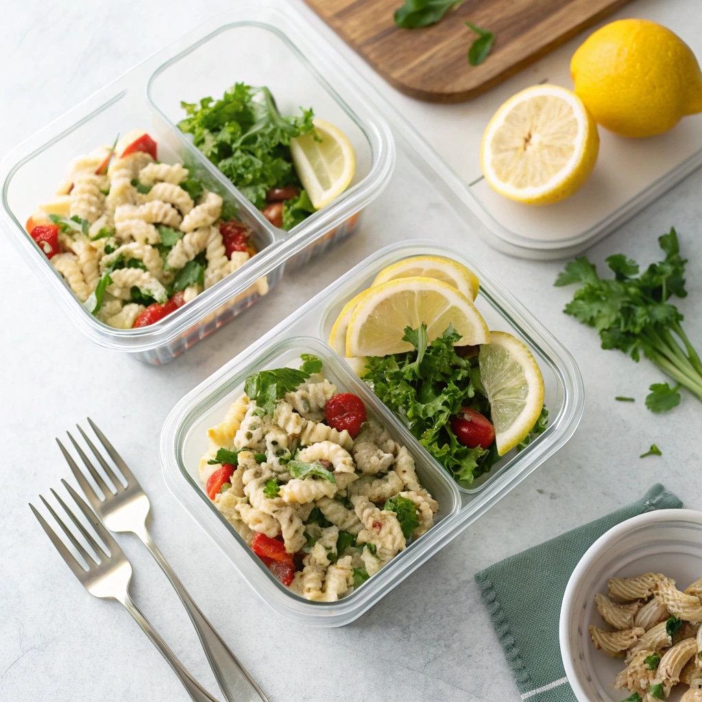 Protein Pasta Salad That’ll Keep You Full, Fueled & Craving More 8 Protein pasta salad packed in meal prep container