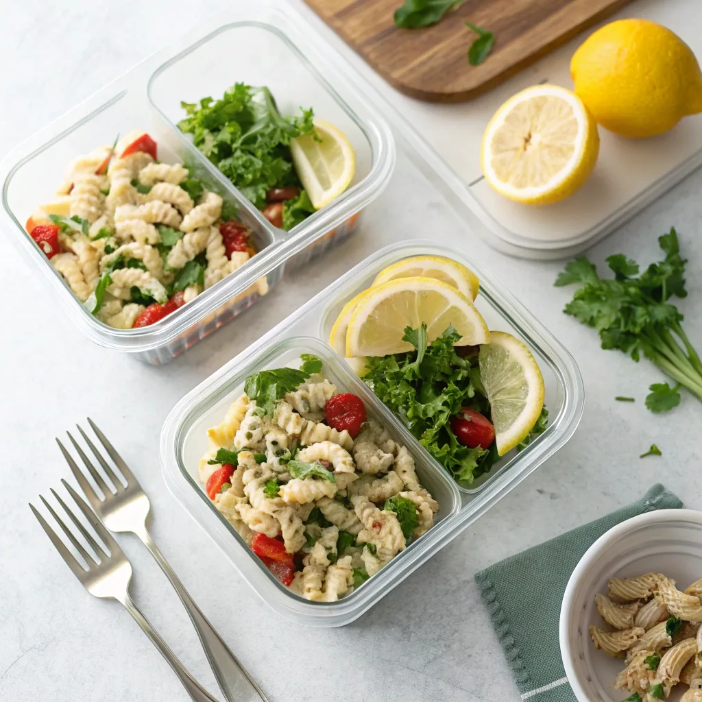 Protein Pasta Salad That’ll Keep You Full, Fueled & Craving More 8 Protein pasta salad packed in meal prep container