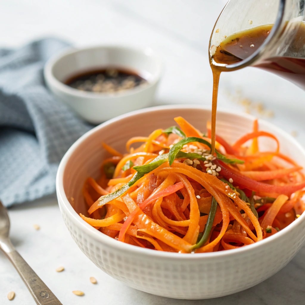 Retinol Carrot Salad Recipe That Loves Your Skin Back 7 dressing being poured over carrot ribbons