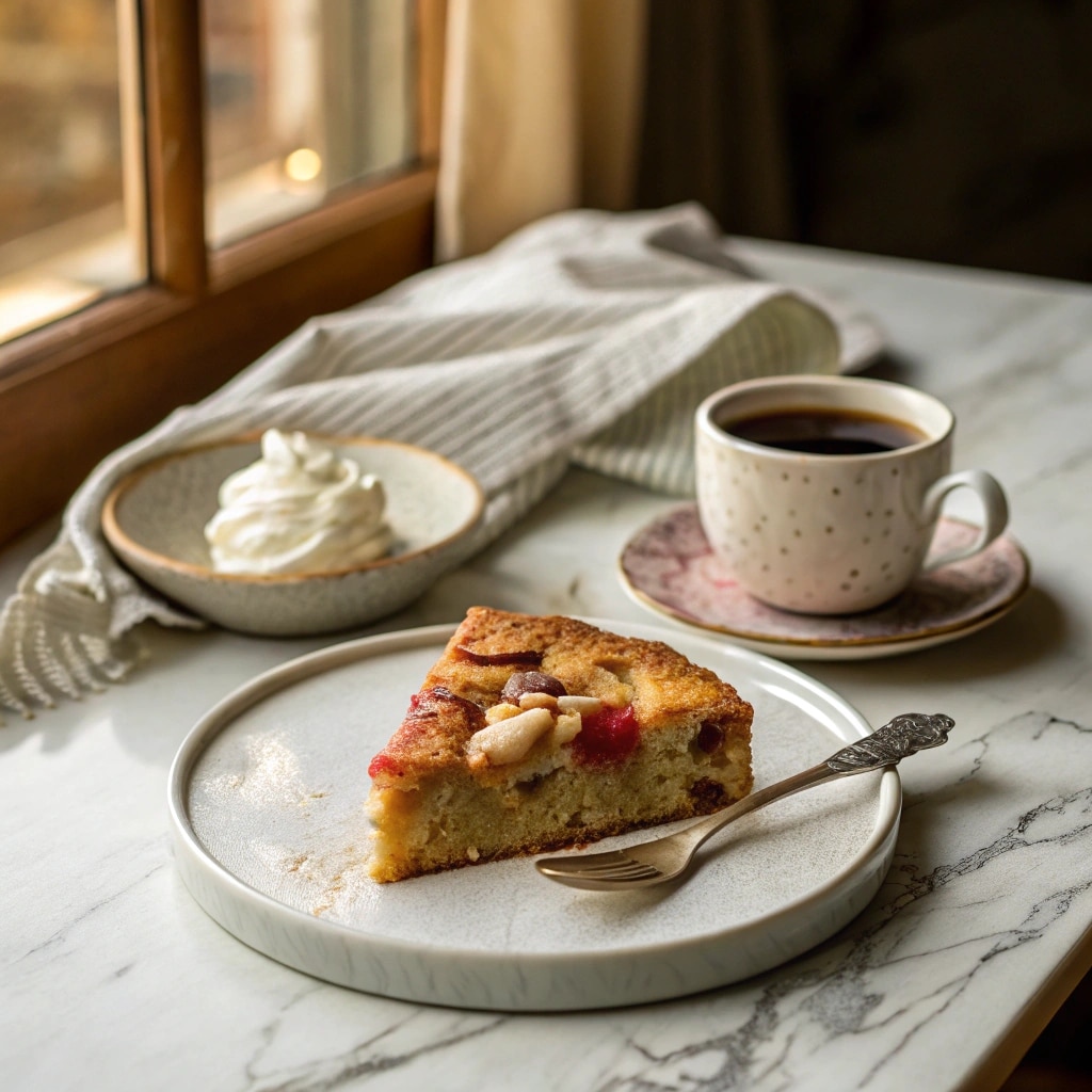 Old-Fashioned Norwegian Rhubarb Cake Recipe That Will Steal Your Heart 8 slice of old-fashioned Norwegian rhubarb cake with whipped cream