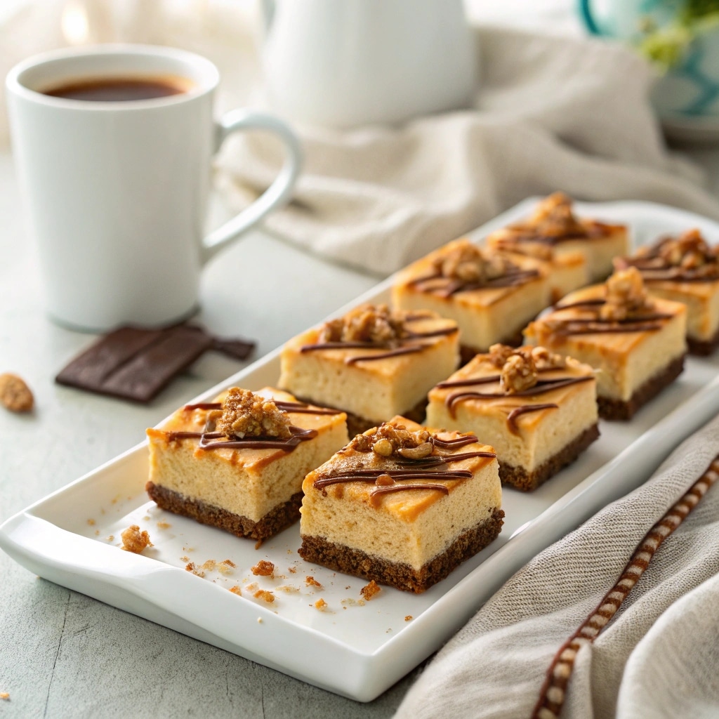 Butterfinger Caramel Cheesecake Bars That Melt in Your Mouth (Easy Recipe Inside!) 8 Sliced butterfinger caramel cheesecake bars served on platter