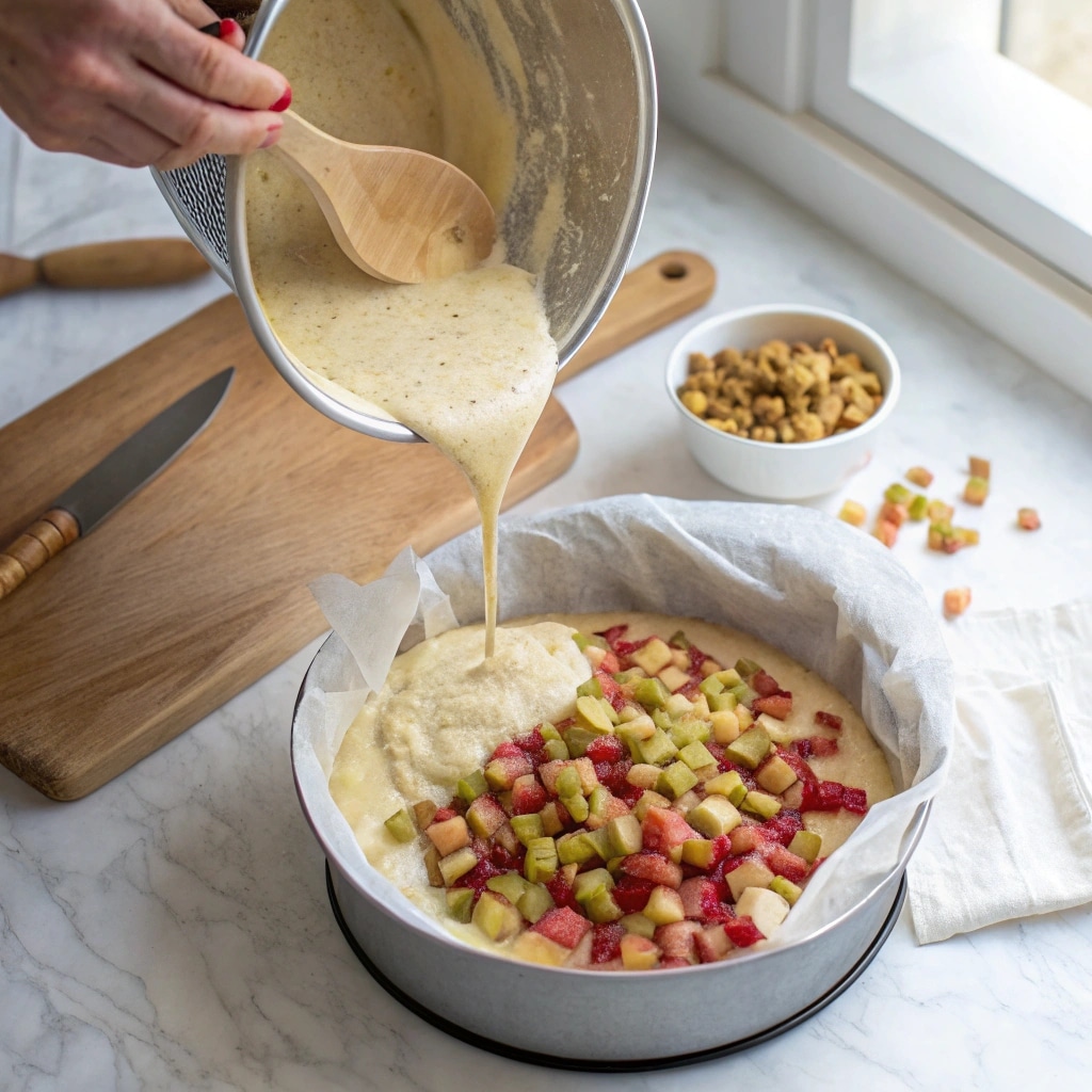 Old-Fashioned Norwegian Rhubarb Cake Recipe That Will Steal Your Heart 7 folding rhubarb into Norwegian rhubarb cake batter