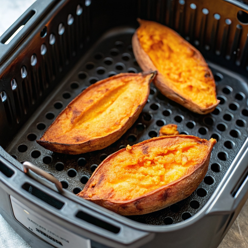 Baked Sweet Potato in Air Fryer: Crispy Skin, Fluffy Inside, Fast Results 7 Sweet potatoes cooking in air fryer basket