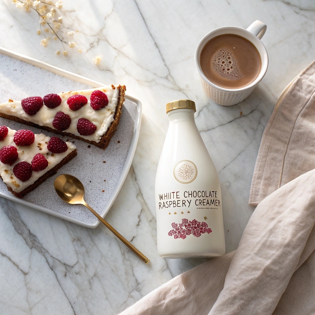 white chocolate raspberry coffee creamer in cozy kitchen setting