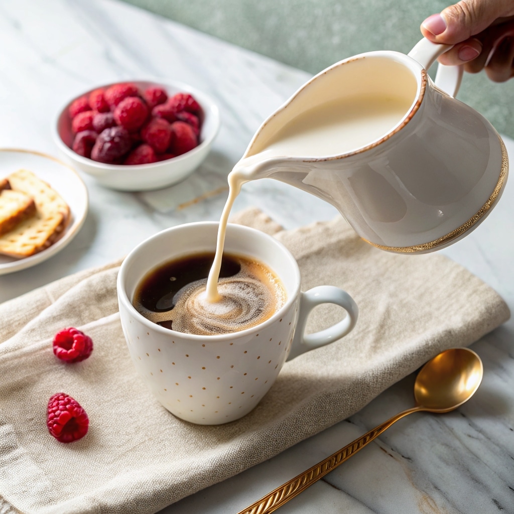 White Chocolate Raspberry Coffee Creamer: The Best Homemade Recipe for a Sweet Morning Boost 8 pouring homemade white chocolate raspberry creamer into hot coffee