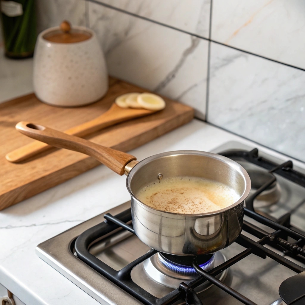 Banana Bread Latte Recipe That Tastes Like Dessert in a Mug 9 Heating banana latte on stove