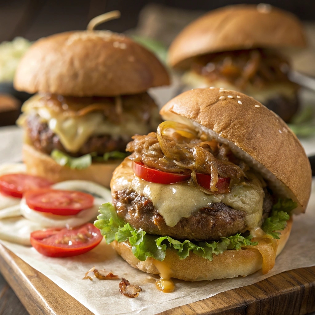 Burgers with French onion soup and melted cheese on toasted buns