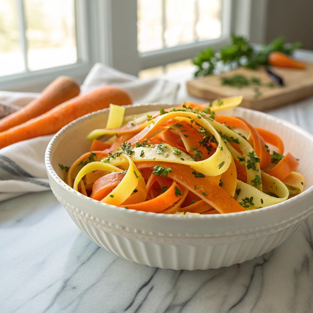 Carrot ribbon salad recipe served in white bowl