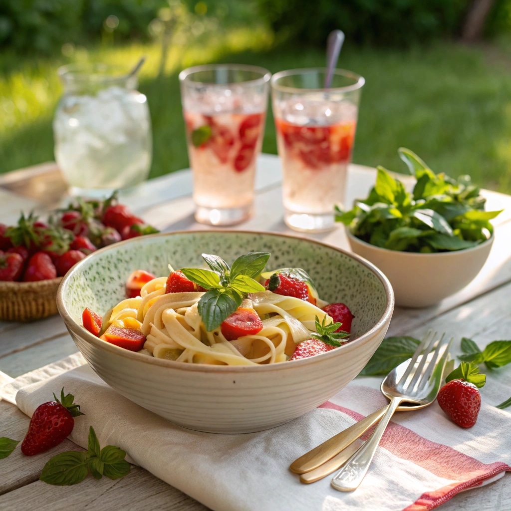 Pasta Strawberry Recipe That Will Change How You See Fruit in Pasta 10 Cold strawberry pasta salad served outdoors