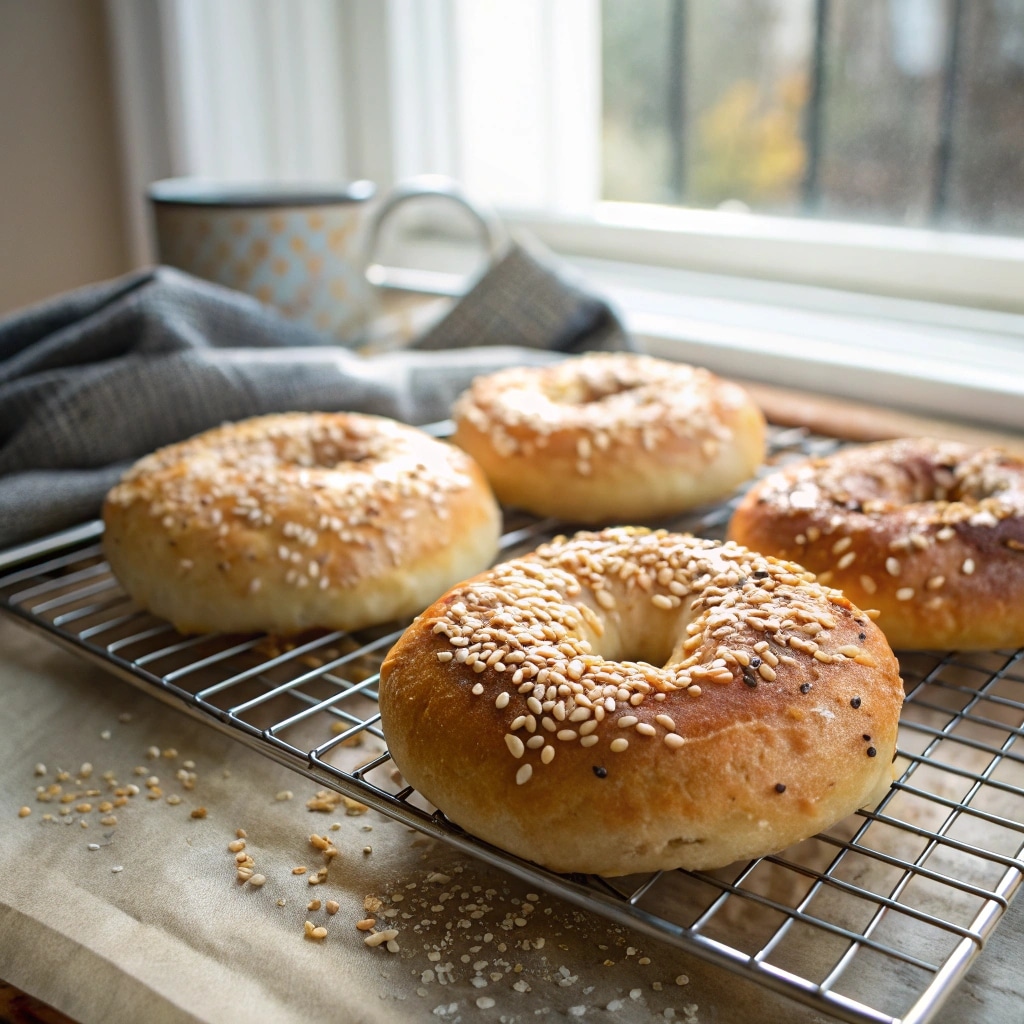 freshly baked cottage cheese bagels on cooling rack
