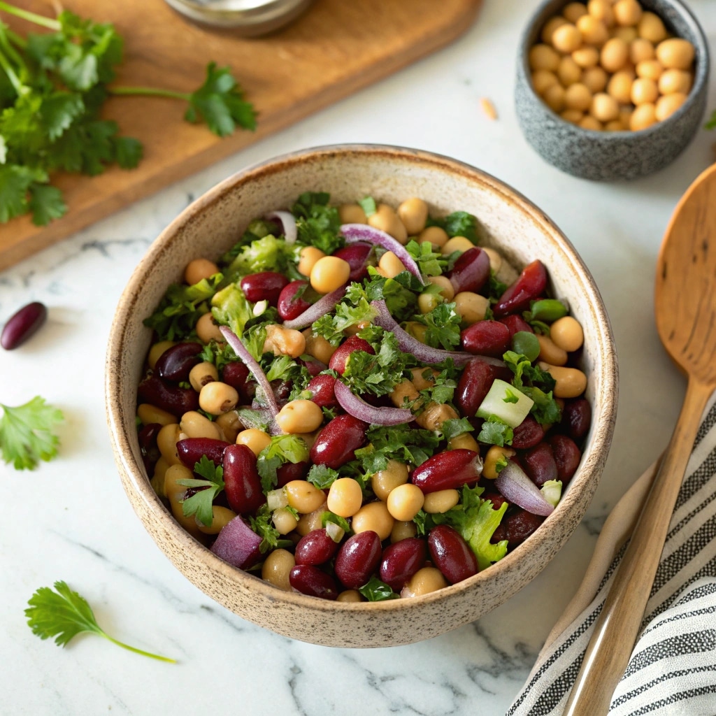 dense bean salad recipe in a rustic bowl