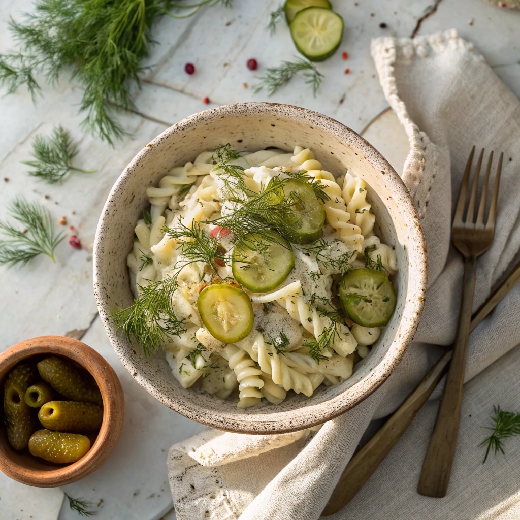 Dill pickle pasta salad recipe served cold