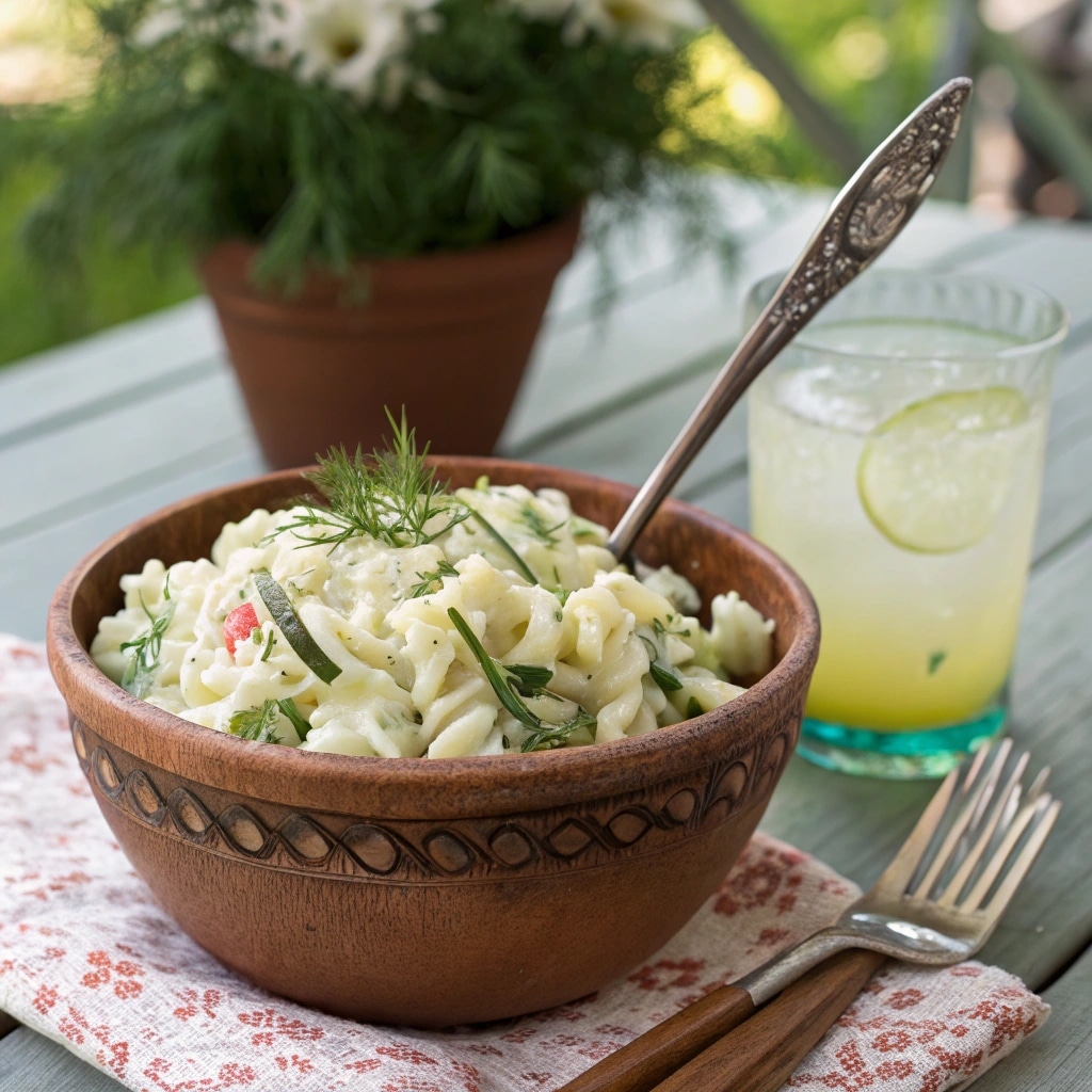 Dill Pickle Pasta Salad Recipe That’ll Steal the Picnic Table Show 10 Served dill pickle pasta salad with garnish