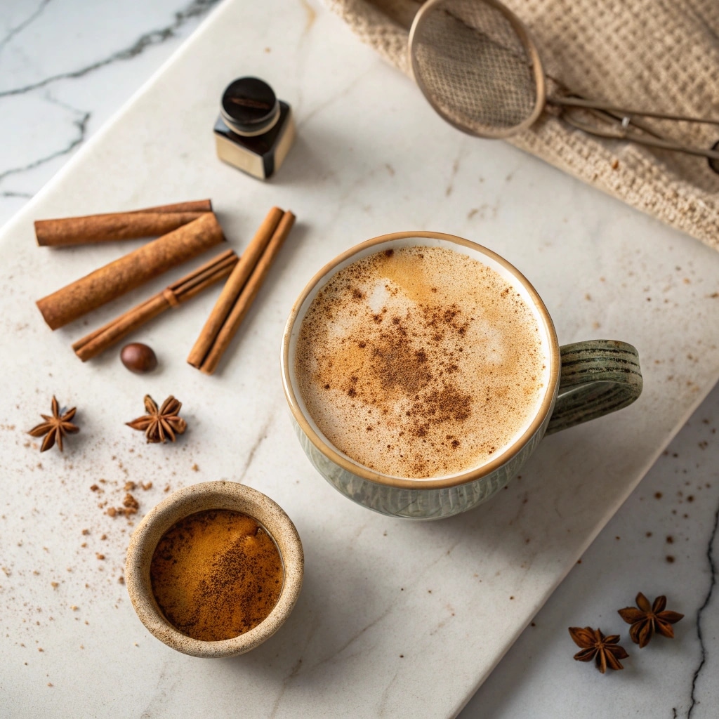 Dirty chai latte with espresso and cinnamon