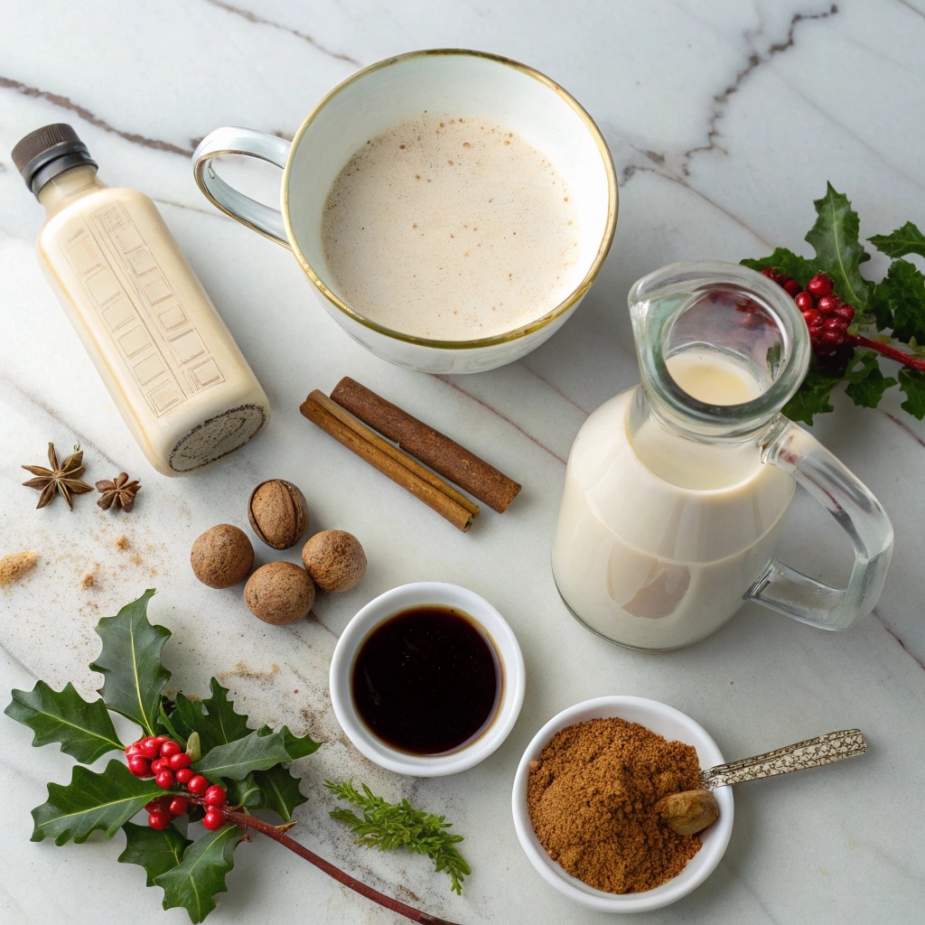 Egg Nog Latte Recipe: Cozy Holiday Latte You Can Make at Home 6 Egg nog latte ingredients on table