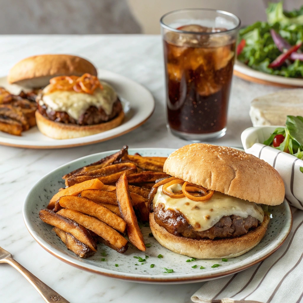 Burgers with French Onion Soup: Flavor-Packed Patties for Any Night 8 French onion soup burgers with sides on table