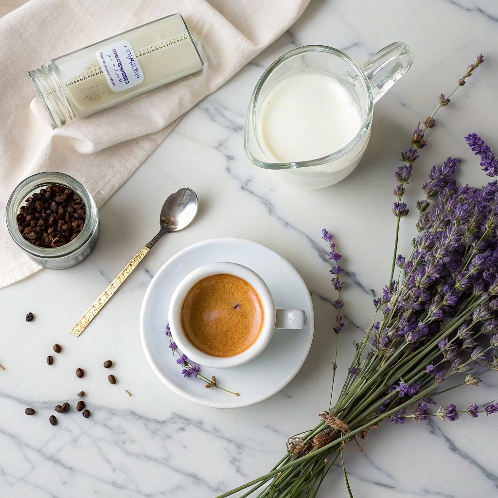 Lavender Latte Recipe for a Cozy, Aromatic Start to Your Day 6 Lavender latte recipe ingredients flat lay