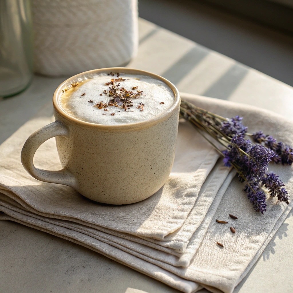 Lavender Latte Recipe for a Cozy, Aromatic Start to Your Day 8 Served lavender latte recipe with dried lavender garnish