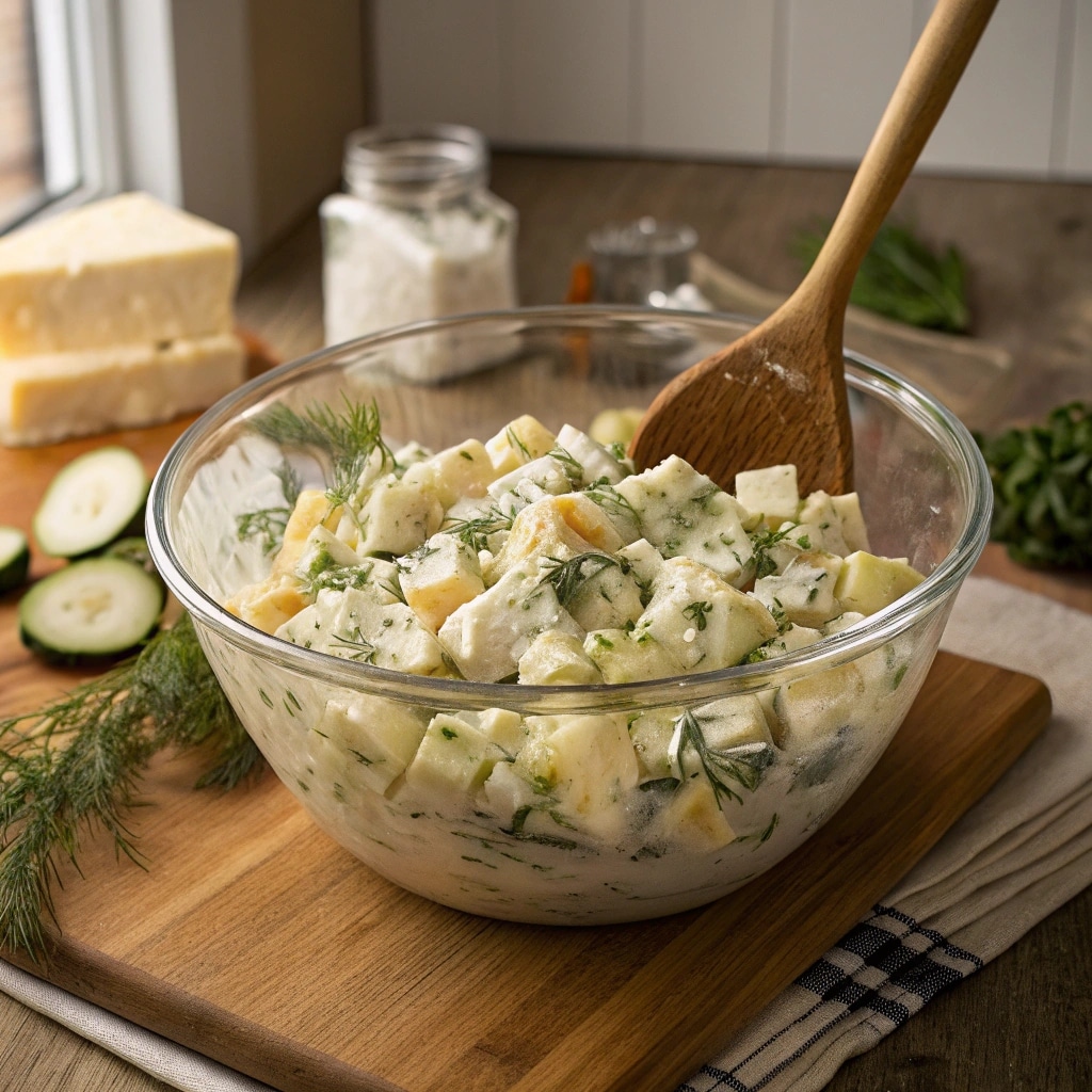 Dill Pickle Pasta Salad Recipe That’ll Steal the Picnic Table Show 9 Mixing dill pickle pasta salad with dressing