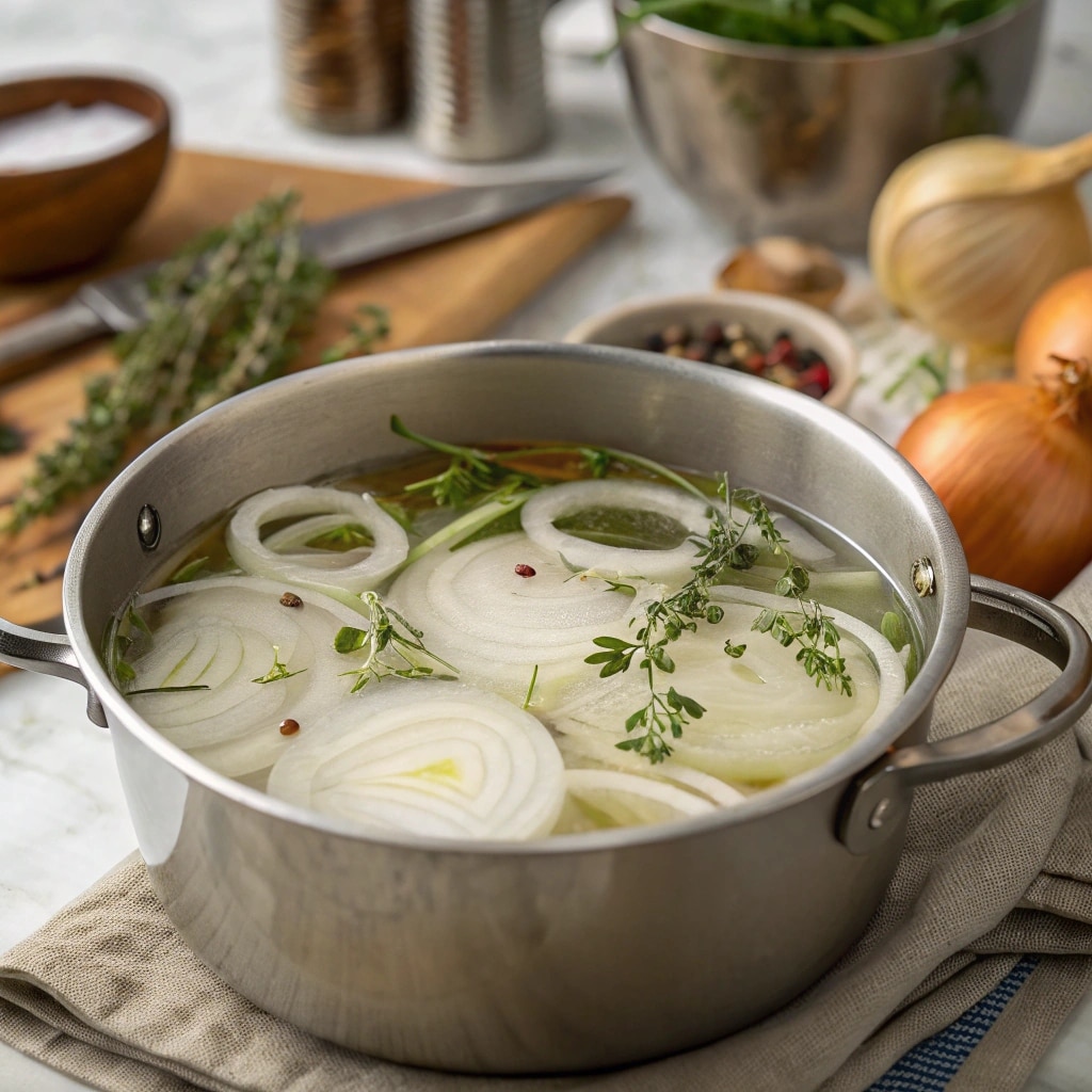 Onion Boil: The Classic Recipe for Perfect Boiled Onions Every Time 7 onions boiling in pot with herbs